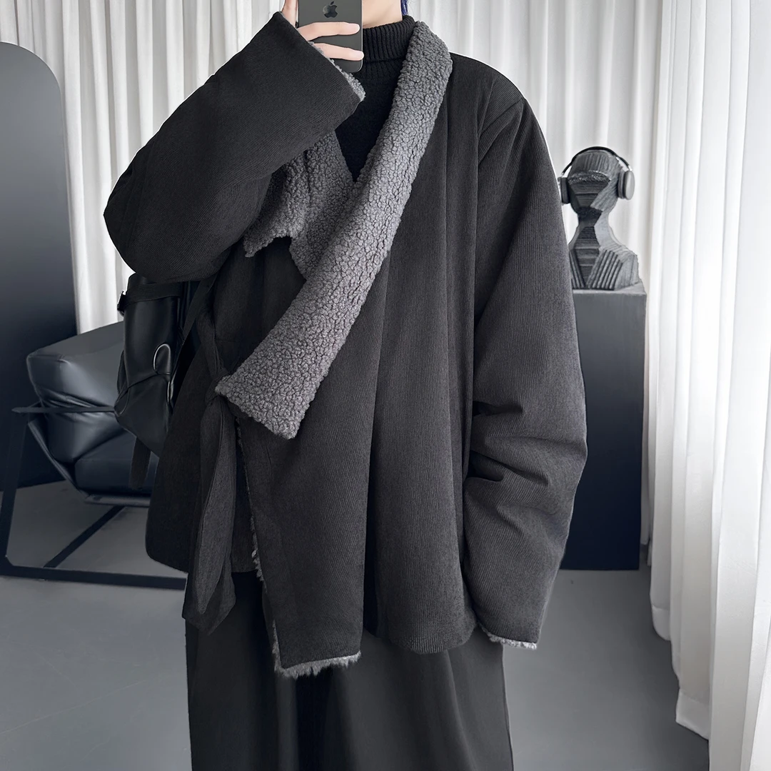 复古文艺 中国风加绒厚斜襟改良汉服男 新中式棉衣 冬季藏袍外套