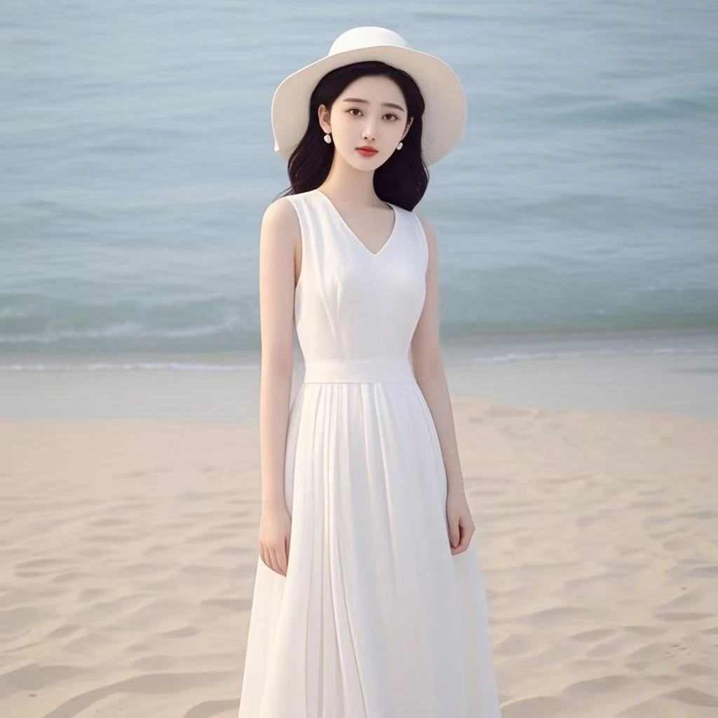 夏季新款时尚白色雪纺连衣裙无袖设计感名媛气质仙女风格中长款