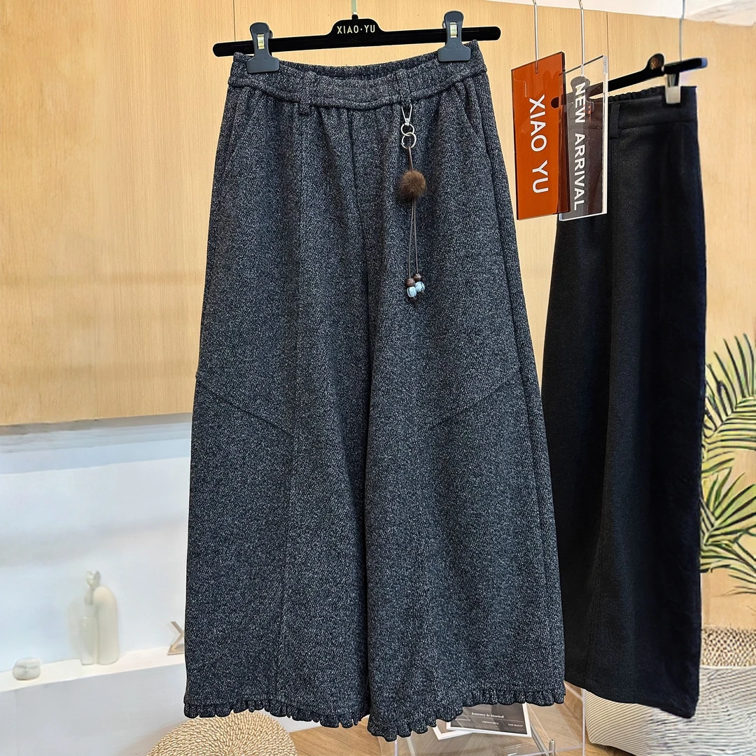 高端欧货秋新款高级感时尚下摆木耳边松紧腰显瘦宽松直筒阔腿裤女