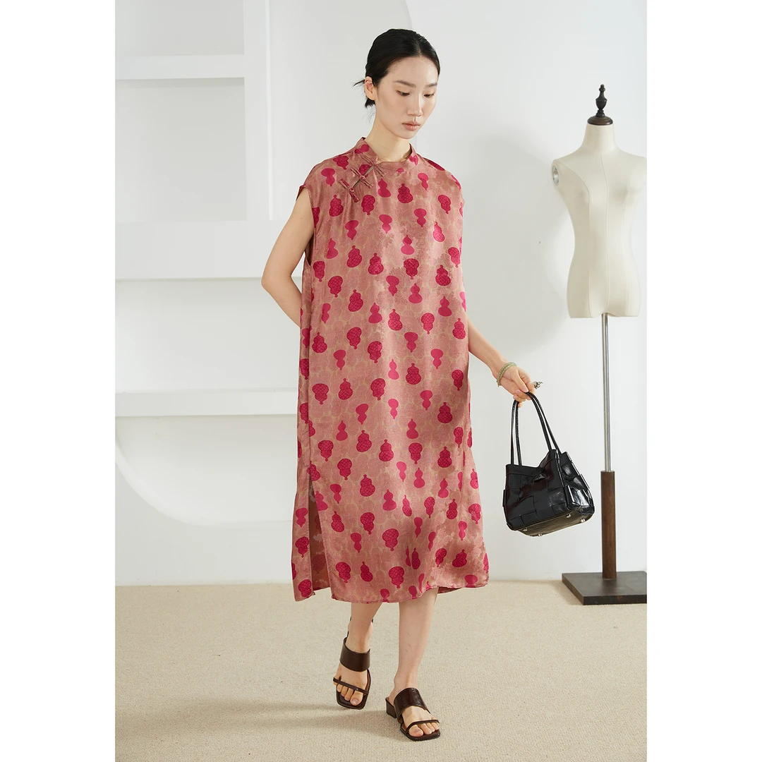 SILVIYE国风葫芦真丝香云纱花萝女桑蚕丝减龄立领连衣裙LQ52153