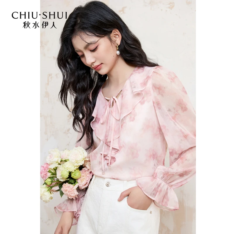 秋水伊人V领印花雪纺衫2025年春季新款女喇叭袖上衣625101B050246