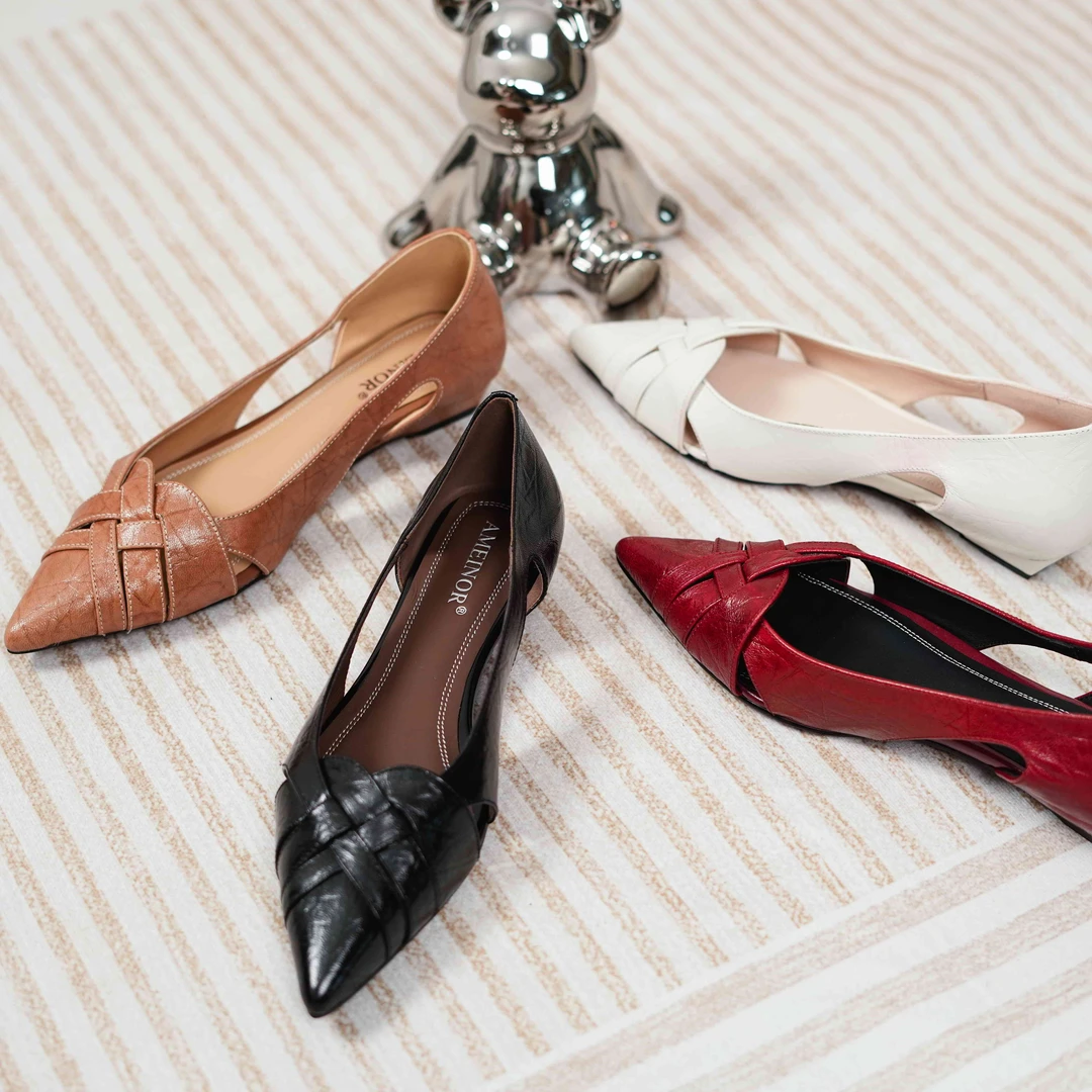 AMEINR2025夏季新款时尚编织尖头镂空真皮低跟浅口优雅女士单鞋