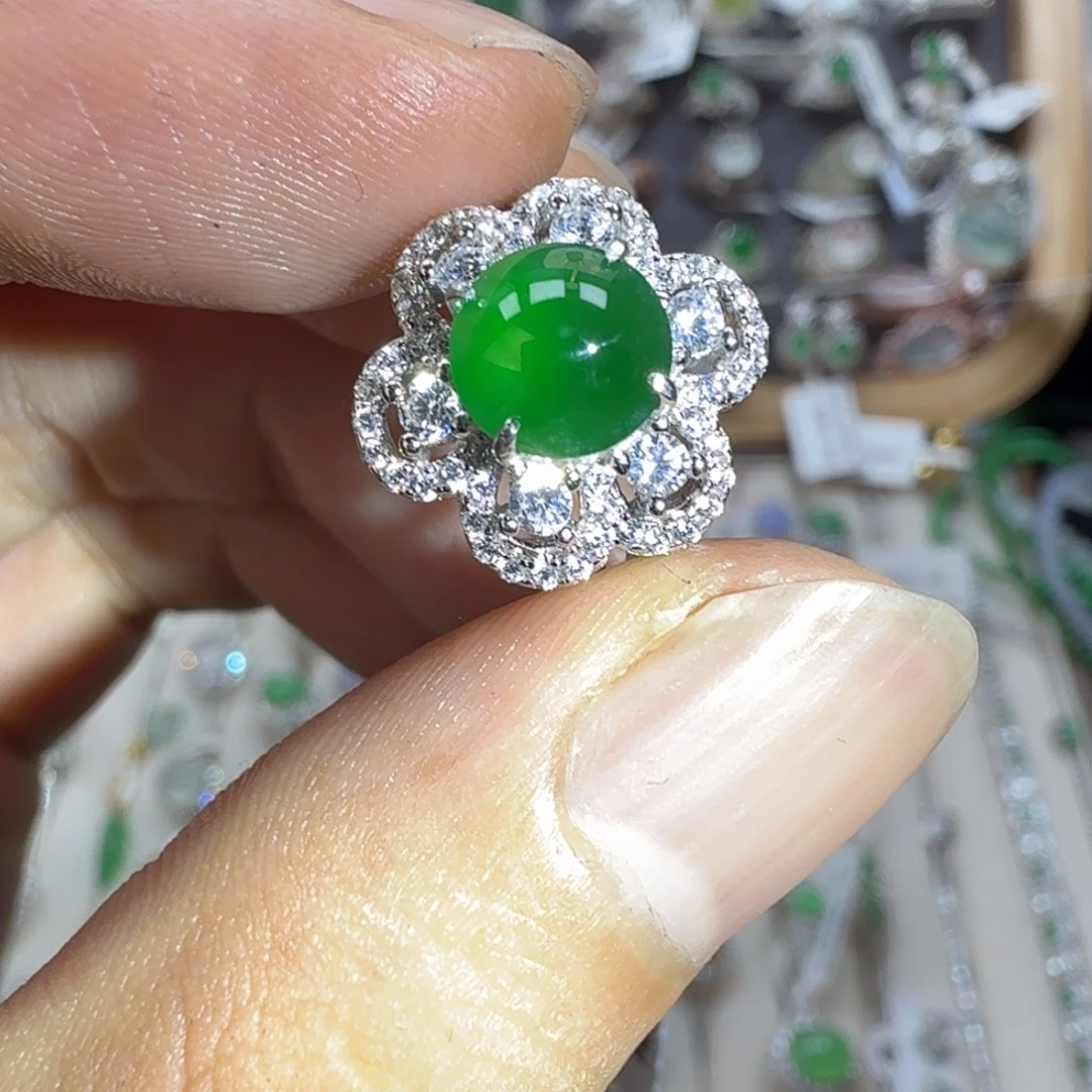 翡翠银S925镶嵌戒指天然缅甸翡翠A货