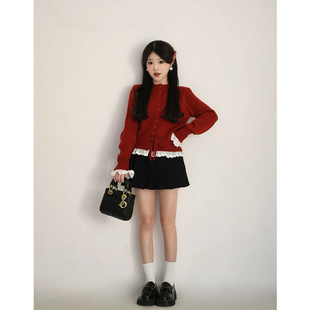洋洋子【樱桃蛋糕】红色针织衫毛衣女冬季甜美风荷叶边系带长袖上衣