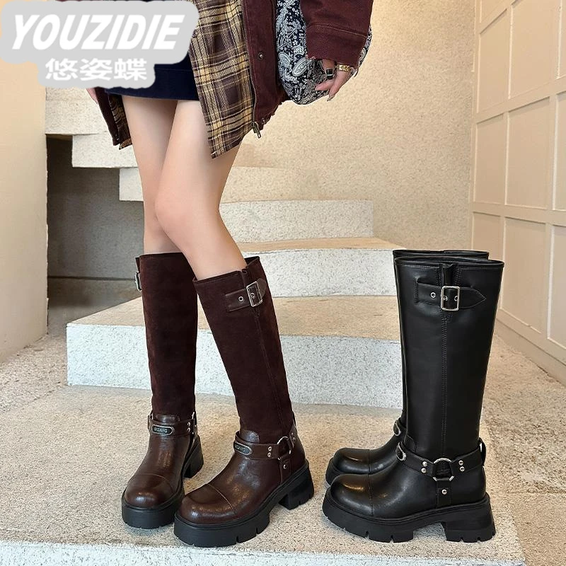 冬季风百搭加绒靴女轻奢不过膝秋冬靴女甜酷黑色长靴显腿长高筒靴