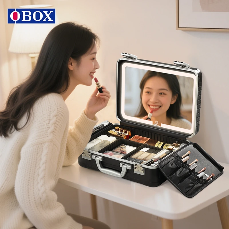 OBOX专业化妆箱带灯镜16寸手提便携防水纹绣美甲收纳箱可拆镜面