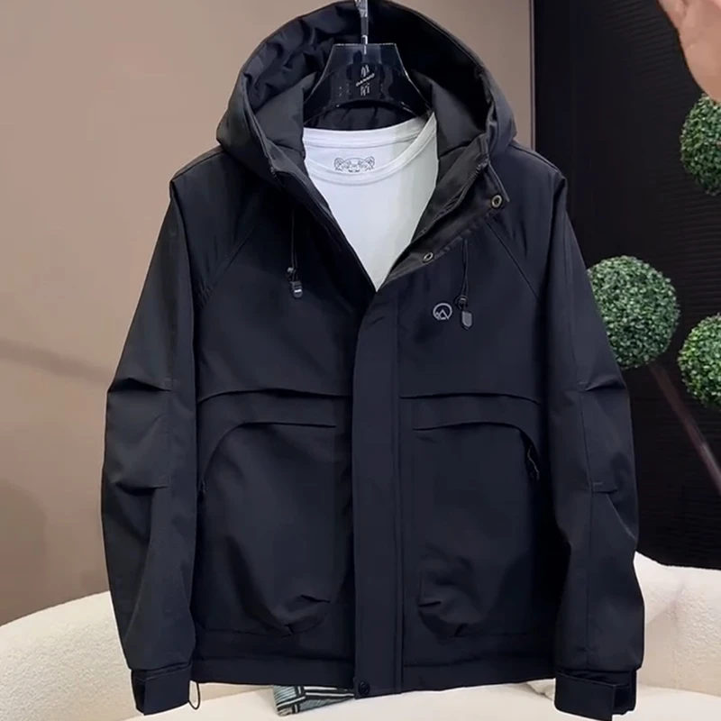2025新款连帽工装加棉夹克男休闲宽松防风加厚二棉外套黑色冲锋衣