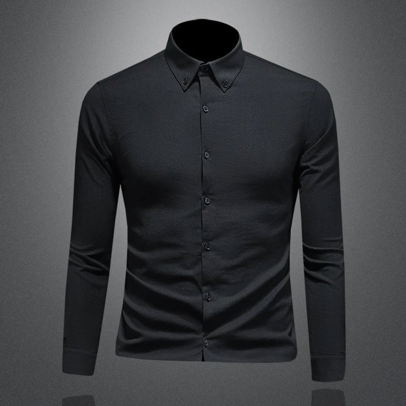 春秋季纯色百搭长袖衬衫男士翻领潮流时尚韩版修身黑色休闲衬衣男