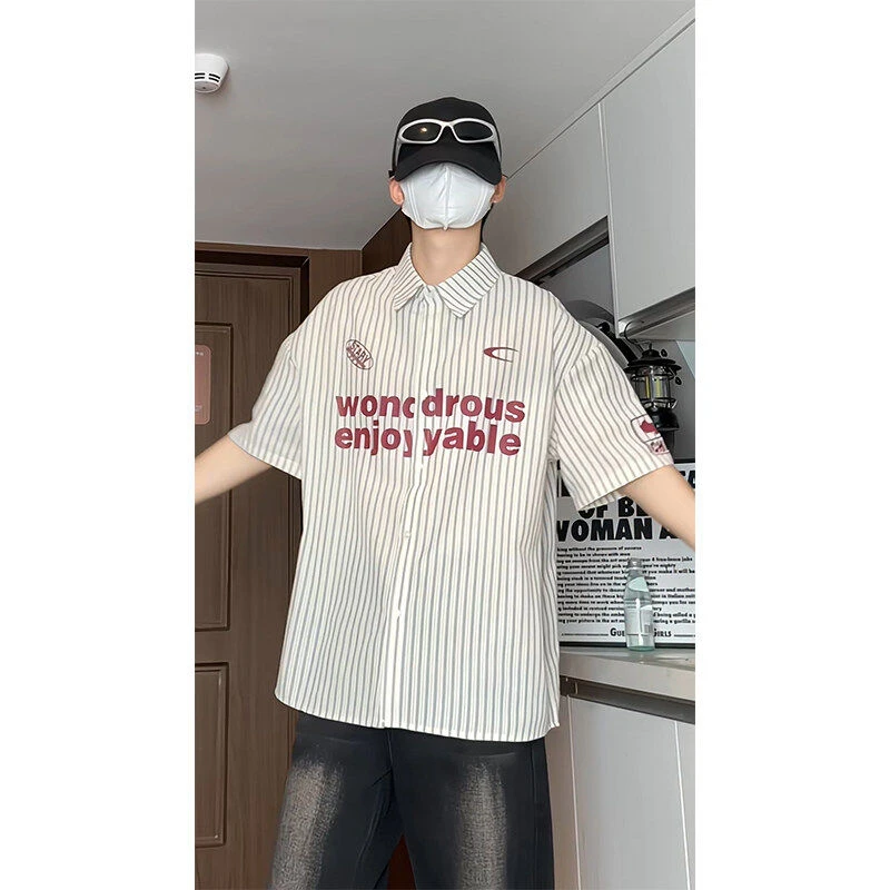 泡泡纱条纹短袖衬衫男款夏季美式复古学院风衬衣痞帅情侣薄款外套