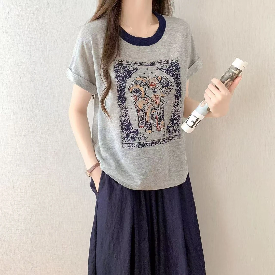 《集合链接》女装夏季气质宽松圆领针织衫显瘦短袖减龄洋气