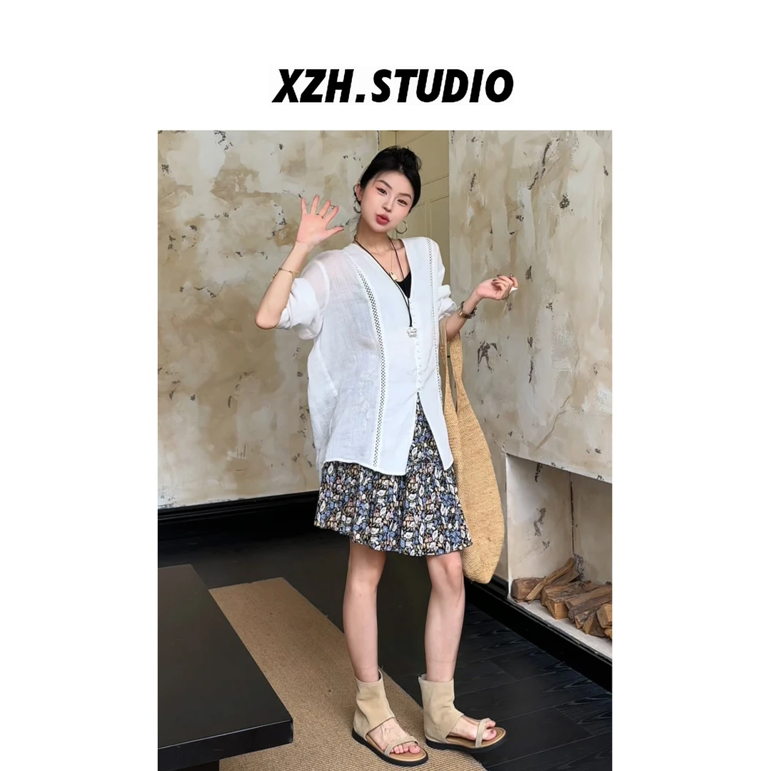 徐子涵ZIHAN 夏款镂空V领拼接衬衫 简约纯色长袖薄款上衣女