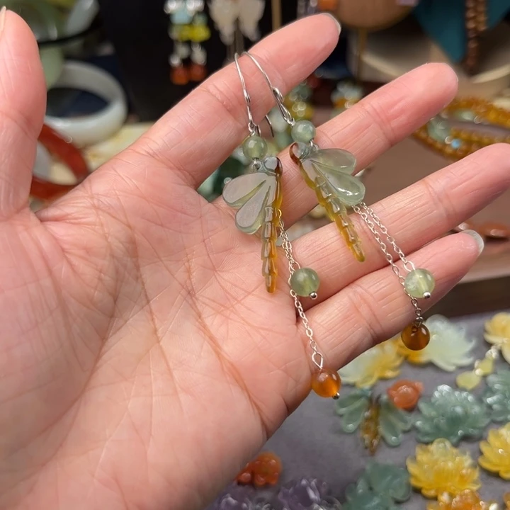 汐***血蛇纹石玉银S925镶嵌耳饰