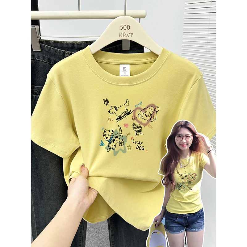 百搭显瘦穿搭微胖女生趣味印花t恤正肩短袖修身弹力大码女装上衣