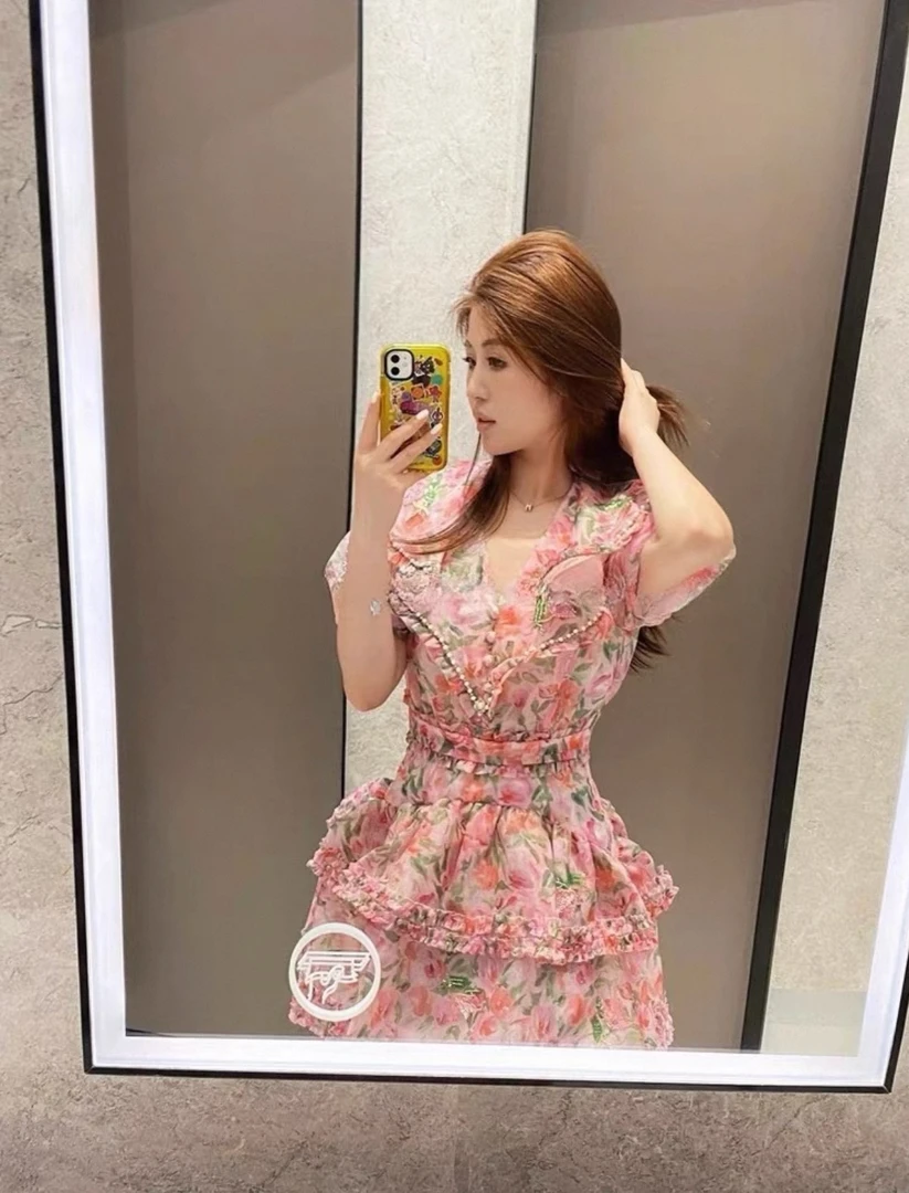no退no换夏季粉色印花泡泡袖蛋糕裙收腰连衣裙减龄清新甜美显瘦