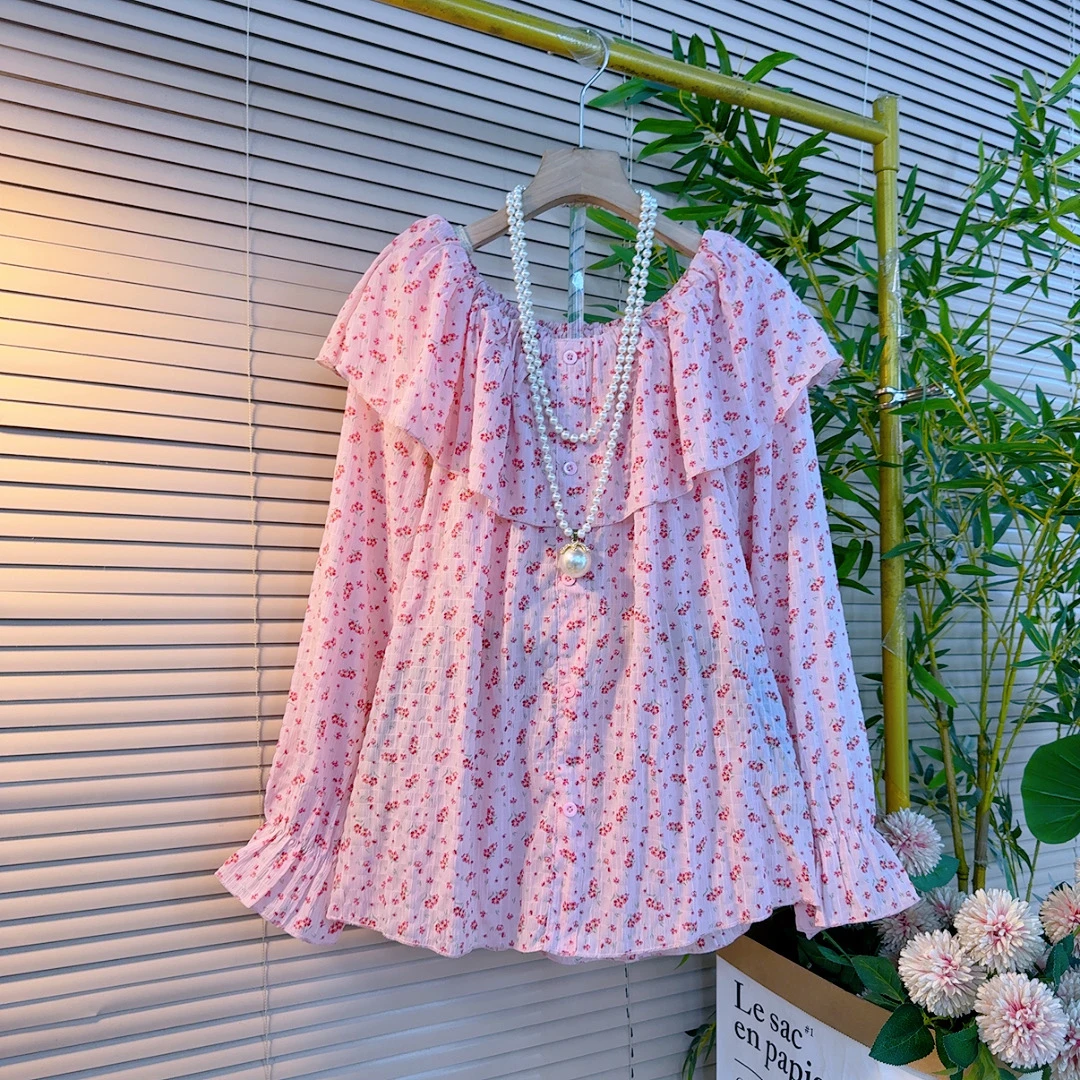 695胖mm欧货时尚早秋名媛风荷叶领可一字肩设计感减龄百搭长袖衫