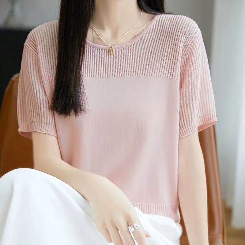 卷边领缕空针织衫百搭高货女士薄款显瘦气质上衣2107