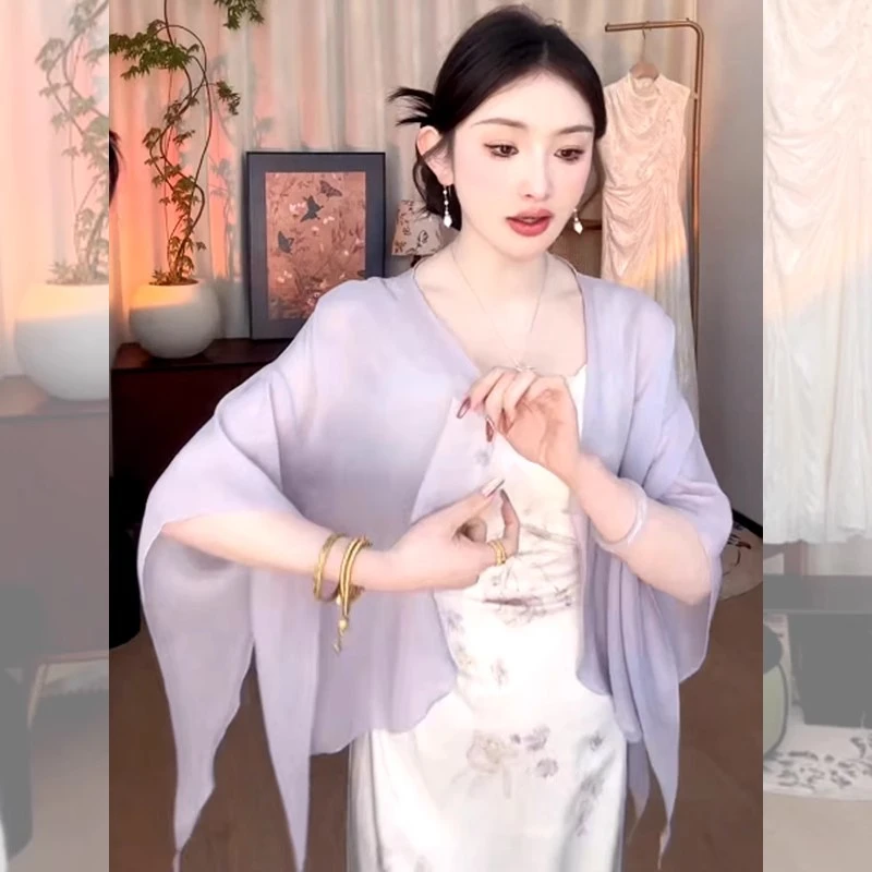 轻国风温柔雪纺防晒衣女夏配吊带裙子外搭小披肩薄纱开衫空调罩衫