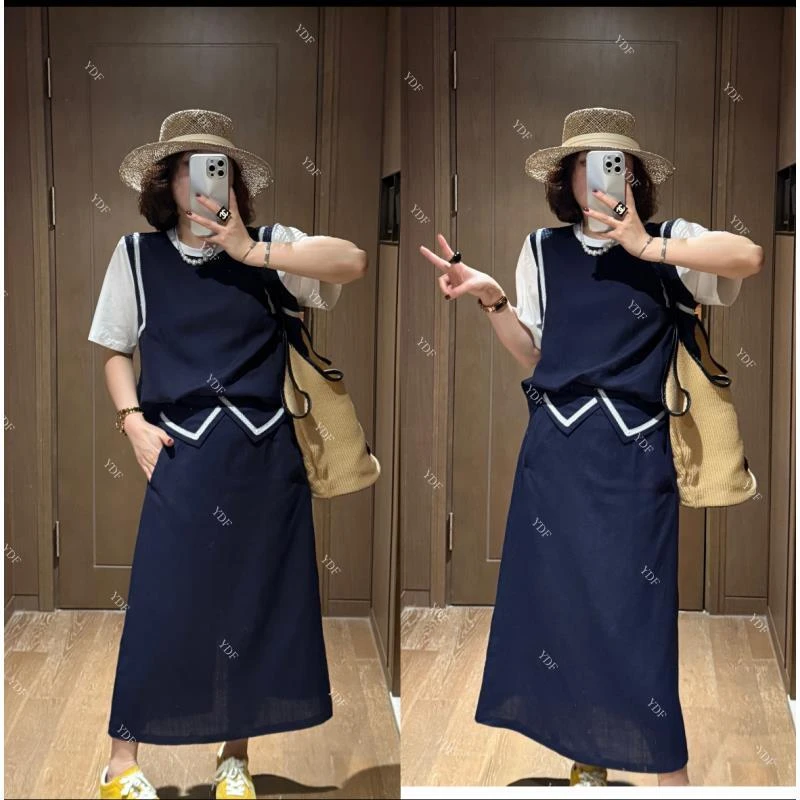 YDFSTUDIO小众【蓝白记忆】欧货蕾丝撞色拼接设计上衣+半身裙套装