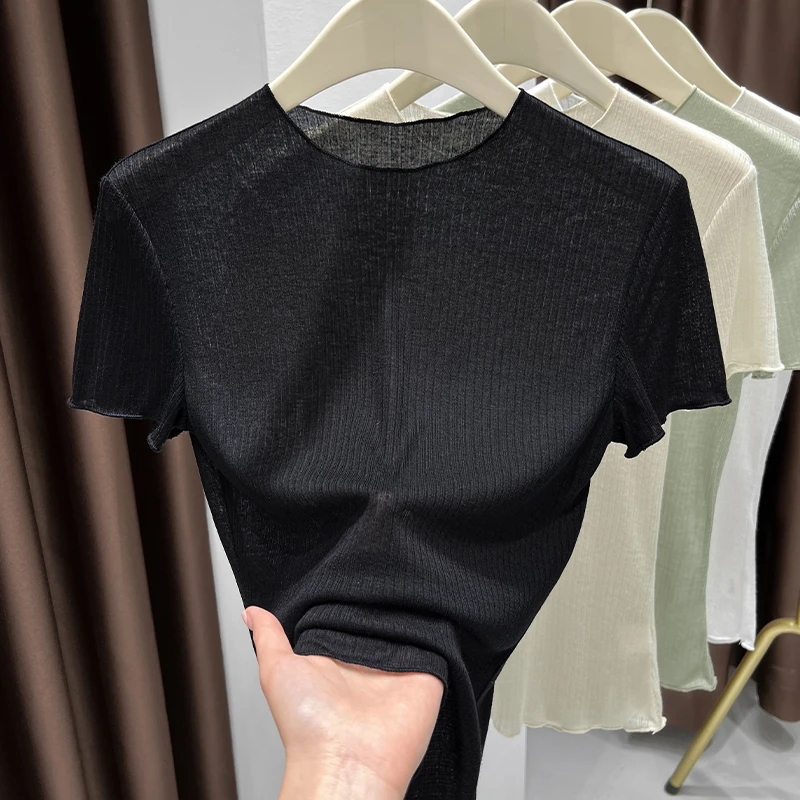 黑色软糯冰丝短袖打底衫女款洋气内搭小圆领正肩T恤新款气质上衣