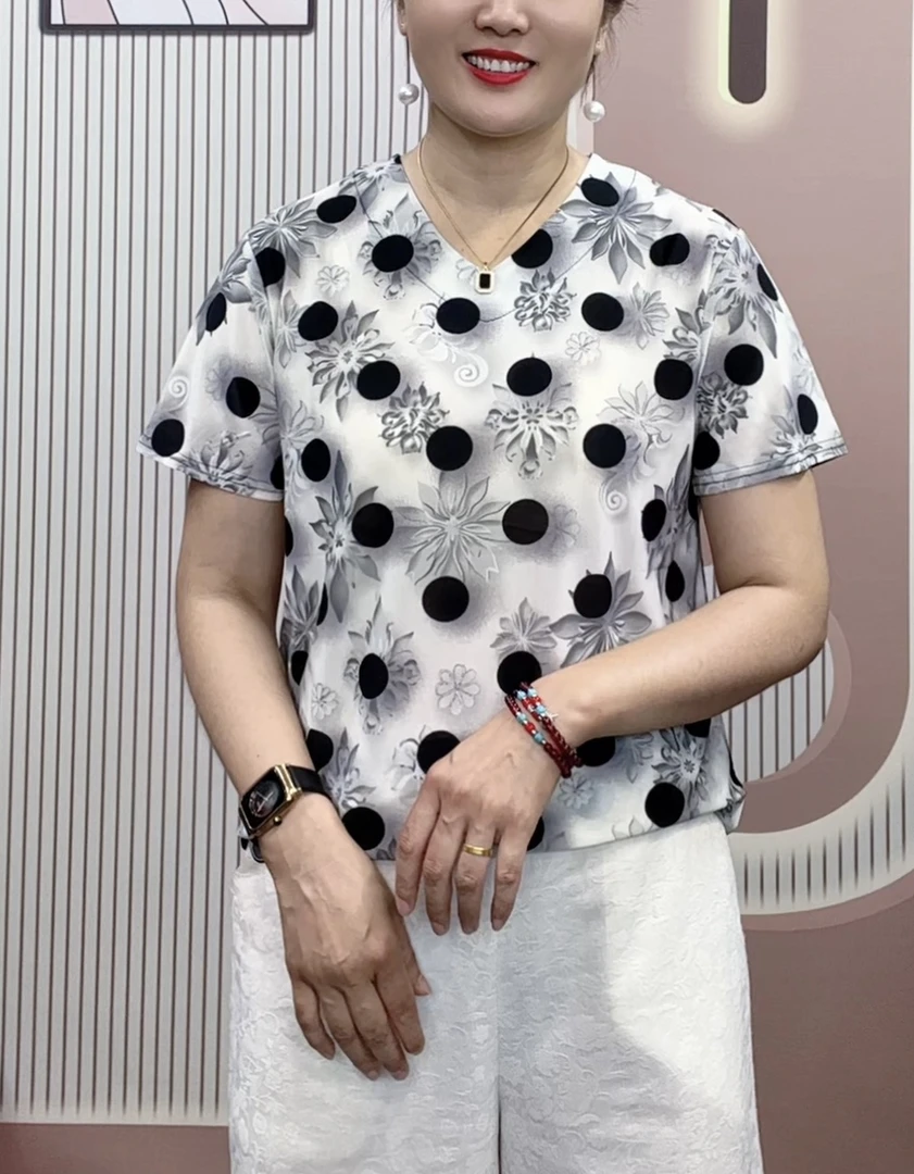 2025夏季新款短袖百搭款小衫洋气时尚妈妈装上衣显瘦T恤