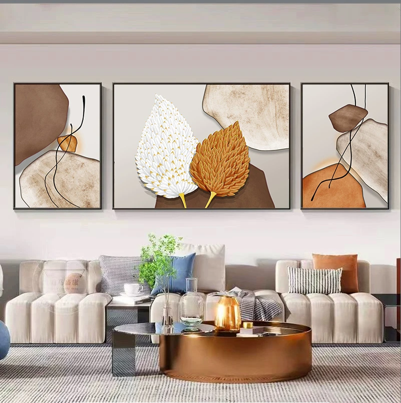 现代简约客厅制作装饰画三联羽毛壁画大气轻奢沙发背景墙高档挂画