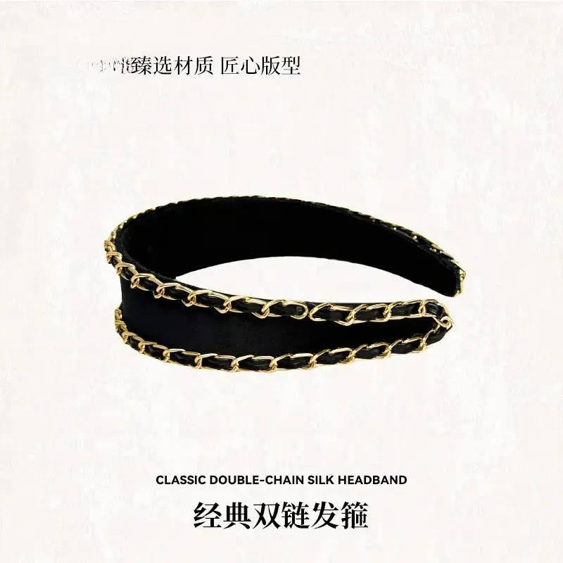 简约风时尚黑色小香风气质宽边皮质发箍 鎏金链歌