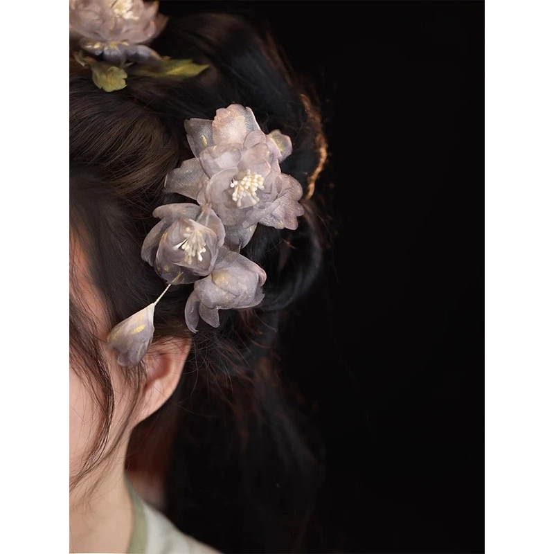 古风水墨色真丝烫花牡丹边夹唐风手工超仙配饰汉服中国风女生头饰