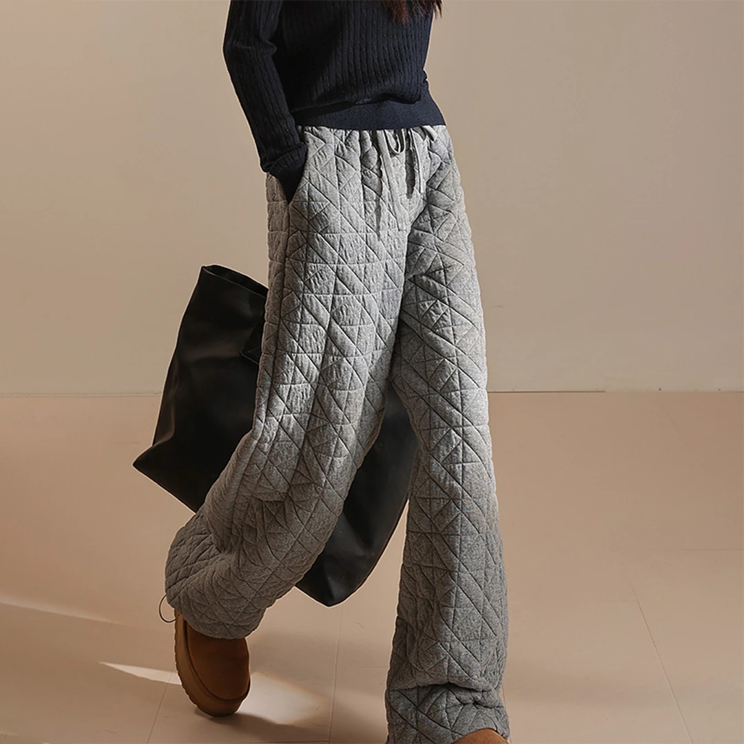 菱格夹棉阔腿裤女冬季新款保暖裤防寒外穿直筒加厚东北哈尔滨棉裤