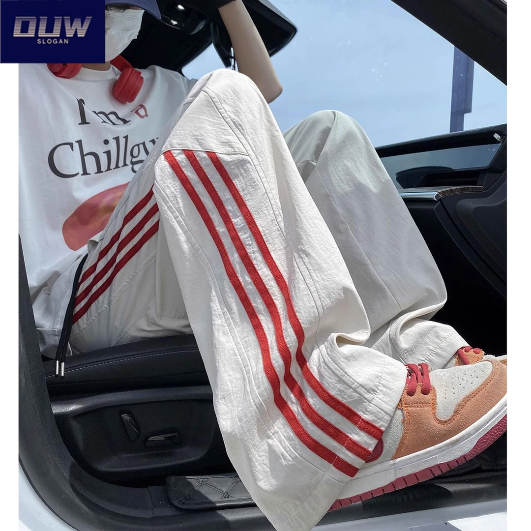 O.U.W条纹速干裤子男夏季薄款美式痞帅宽松直筒青少年运动休闲裤