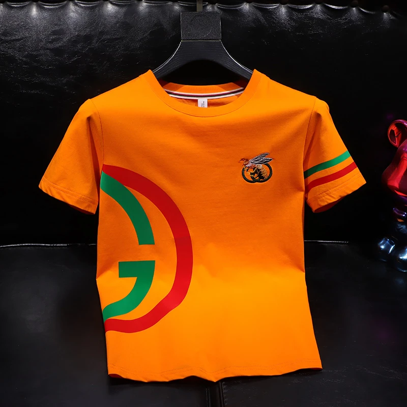 小蜜蜂刺绣短袖男t恤时尚休闲夏季印花百搭圆领韩版拼色男士上衣