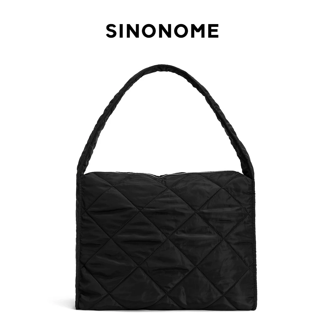 SINONOME 菱形格大容量绗缝拉链单肩包 通勤托特包斜挎流浪包男女