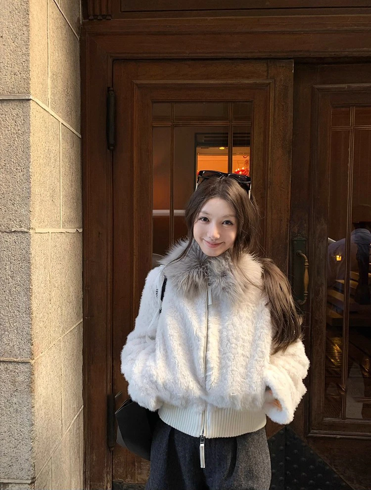 【暖冬咩咩】韩系纯色大毛领短款长袖外套复古简约休闲百搭宽松上衣