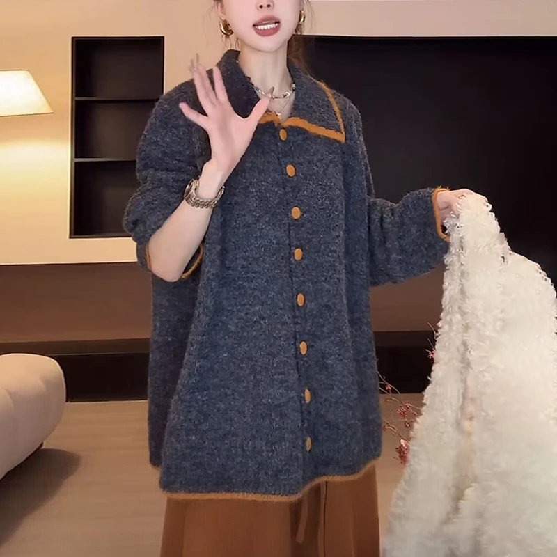 灰色翻领毛衣开衫外套女士秋冬慵懒风软糯宽松大码显瘦针织衫上衣
