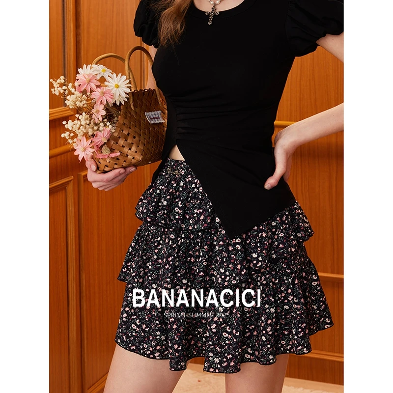 BANANA CICI2025年夏季新款松紧腰蛋糕短裙不规则碎花A字半身裙