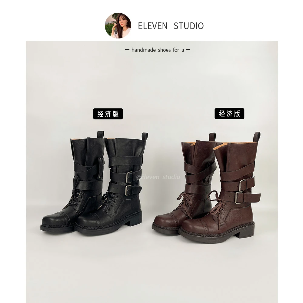 【王11】新款真皮厚底粗跟皮带扣复古英伦风牛仔长靴女 4CM/双笙