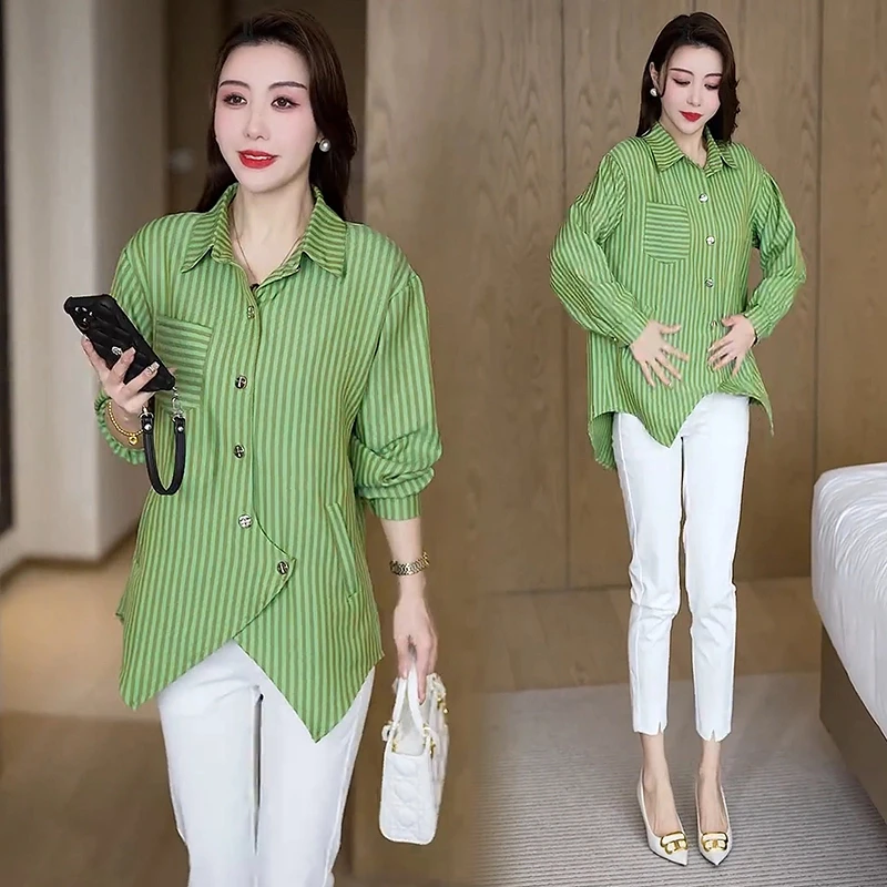 时尚条纹衬衫女2025春季新款洋气质显瘦遮肉中长款不规则衬衣上衣