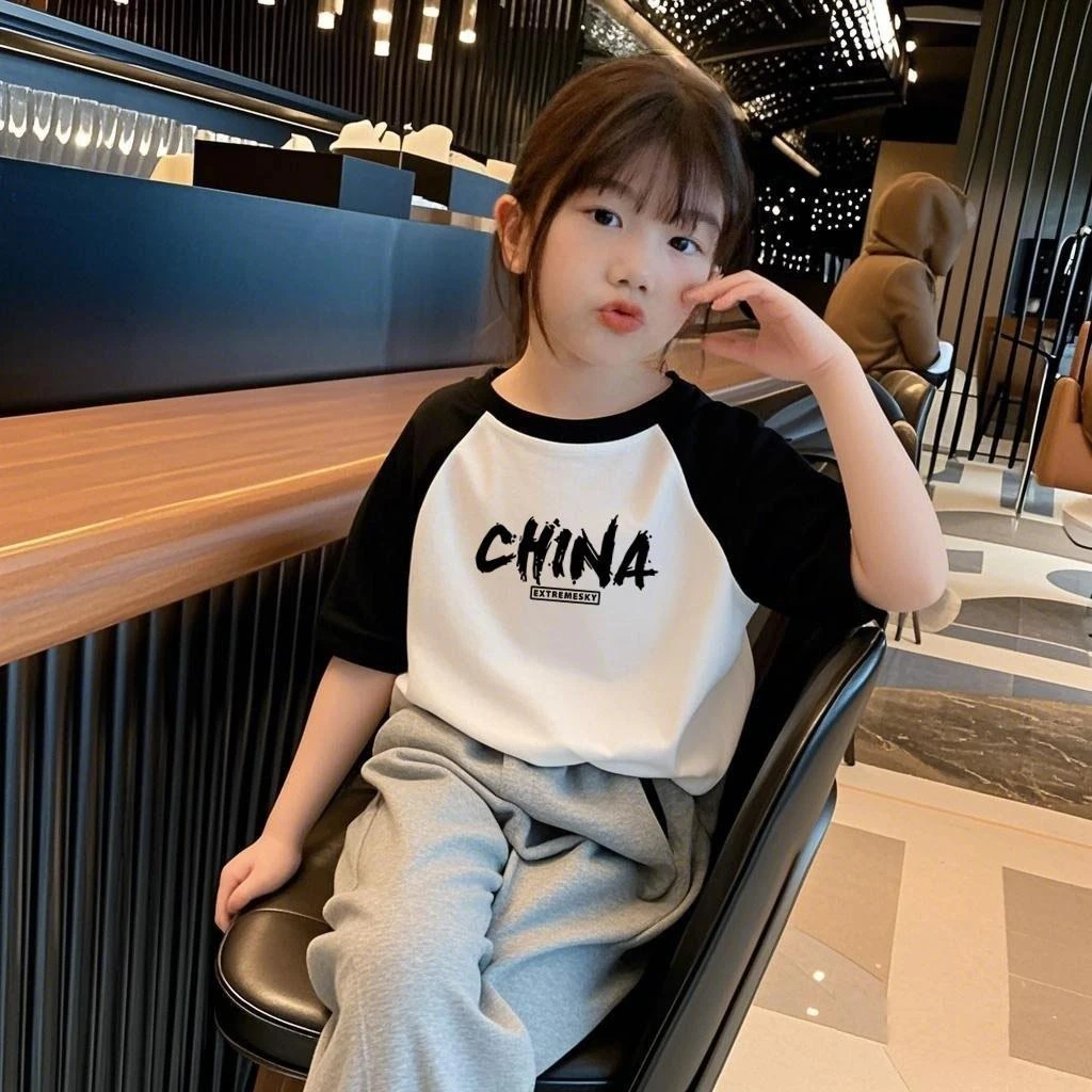 女童春夏装纯棉插肩袖上衣2025新款儿童圆领短袖T恤薄款洋气时髦