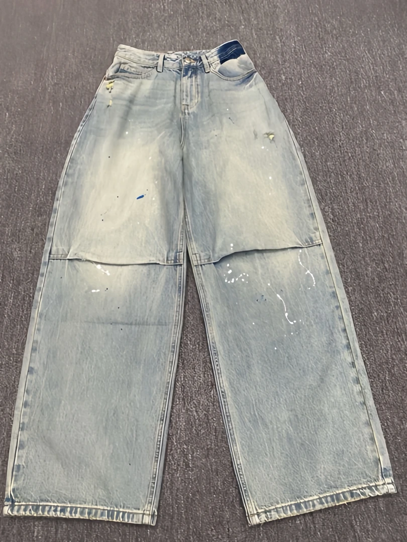 2193夏季新款泼墨磨破设计感直筒牛仔裤