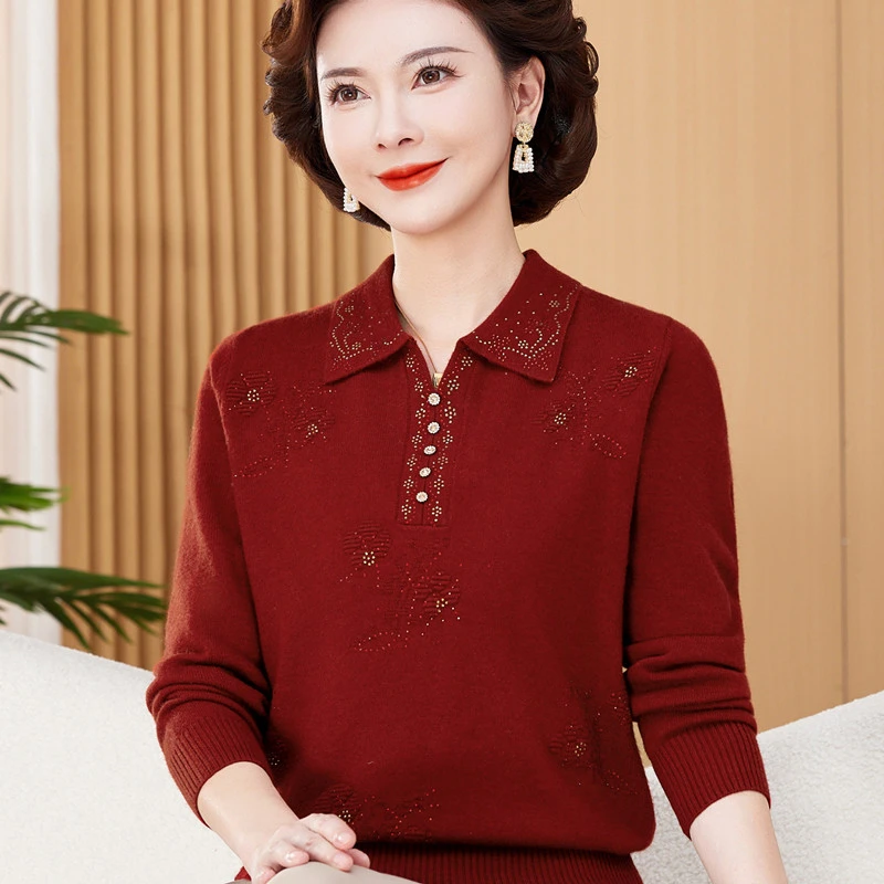 中老年女大码针织衫秋冬翻领纯色T恤长袖毛衣洋气妈妈装打底外穿