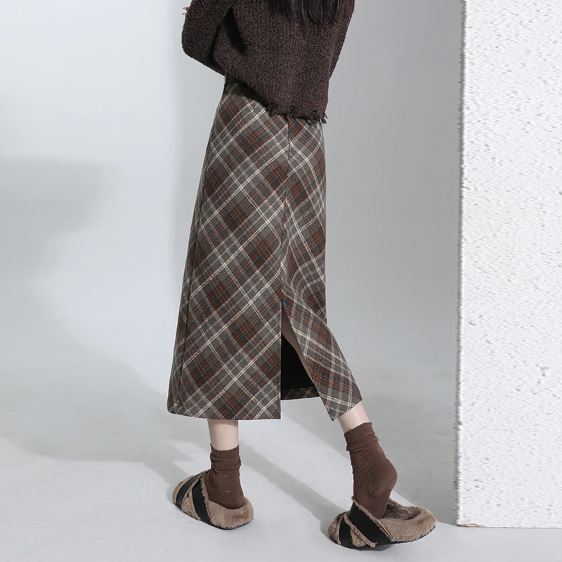 复古毛呢格子半身裙女2025秋冬高腰A字包臀开叉格纹长裙子配腰带