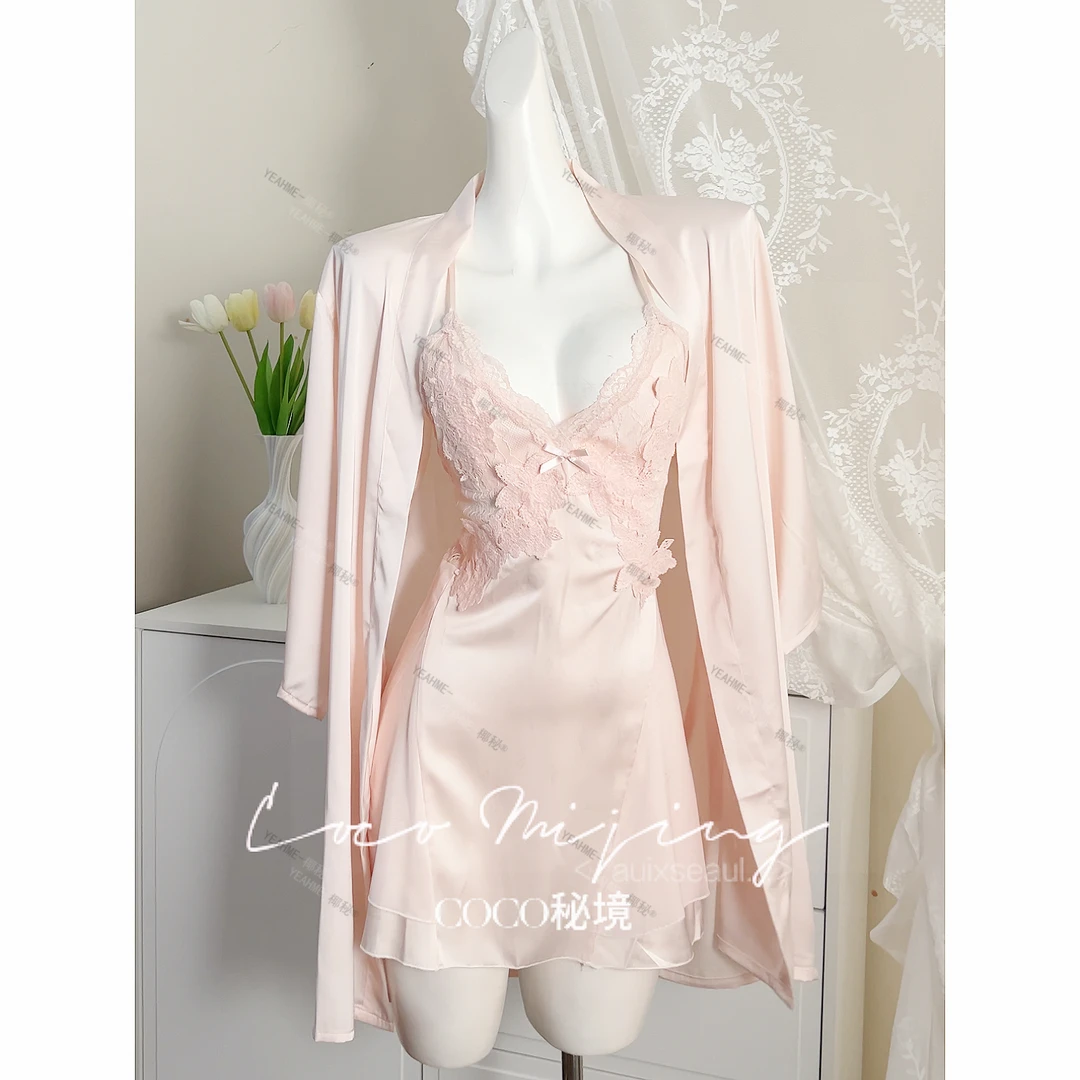 【蕾丝陷阱】法式纯欲缎面蕾丝带胸垫高级套装收腰睡衣吊带裙圆领