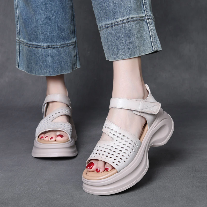 【28622S】夏季新款头层牛皮鱼嘴镂空魔术贴女鞋真皮厚底小个子粗跟