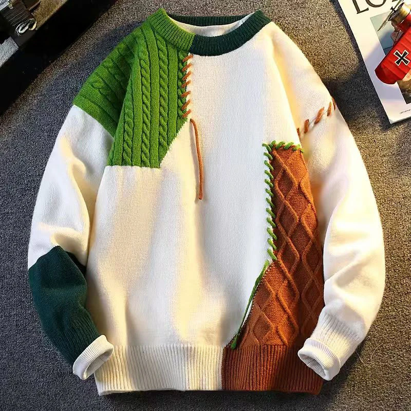 秋冬季拼色大码圆领针织衫男休闲高级感百搭宽松拼接痞帅套头毛衣