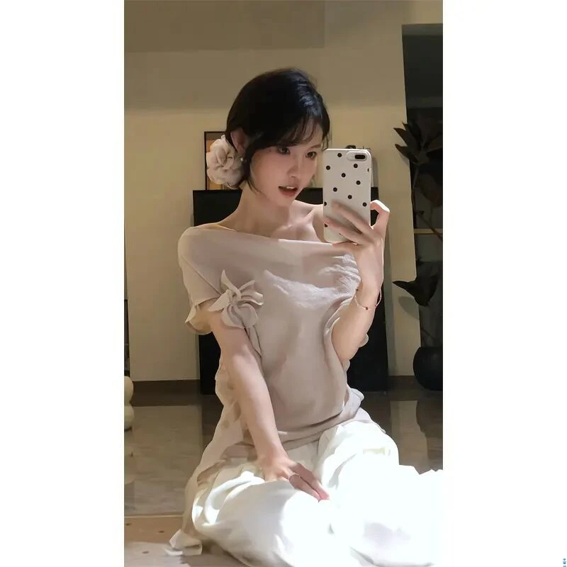 夏季清纯系松弛感高端气质独特荡领一字肩衬衫上衣休闲宽松阔腿裤