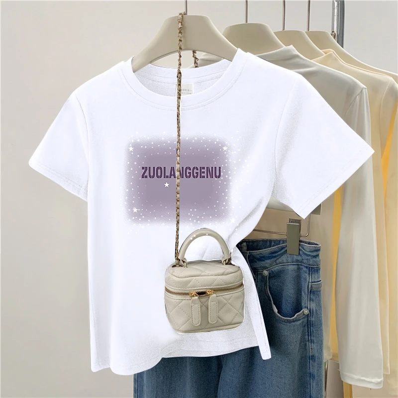 夏季短袖t恤女2025新款小众设计感复古港味chic百搭正肩上衣印花