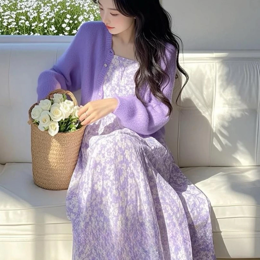 春季穿搭一整套减龄洋气时尚高级感韩系小香风紫色针织吊带套装裙