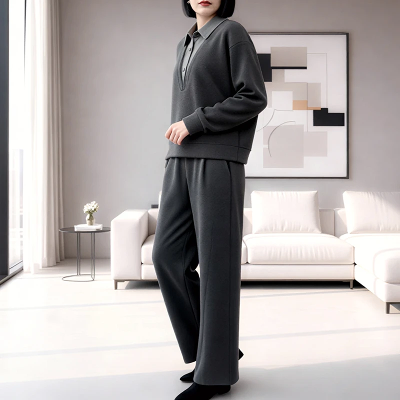 冬季新款加绒高腰阔腿裤套装洋气减龄时尚简约显瘦百搭休闲裤女