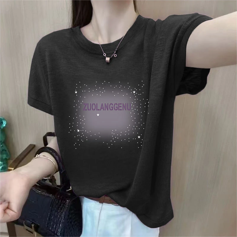 雪花棉时尚印花短袖T恤女2025夏季新款宽松休闲百搭圆领显瘦上衣