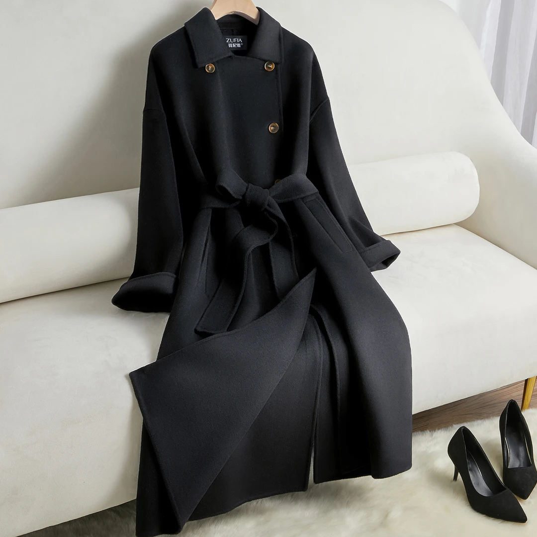 黑色双面羊毛大衣女长款过膝2025新款娃娃领气质收腰显瘦冬季外套