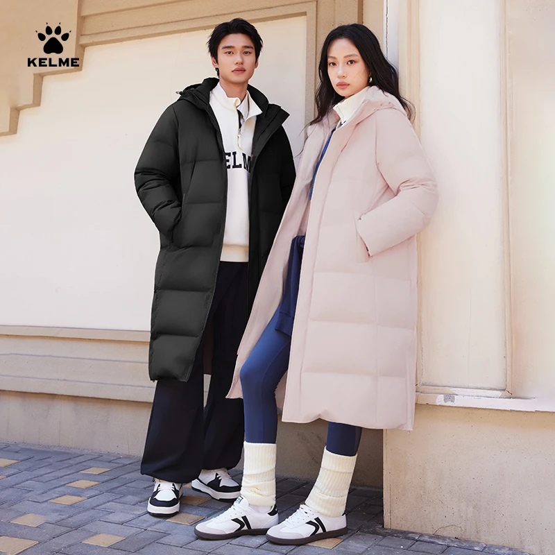 【新款长款羽绒服】卡尔美甄选连帽保暖防寒加厚时尚过膝情侣流光风